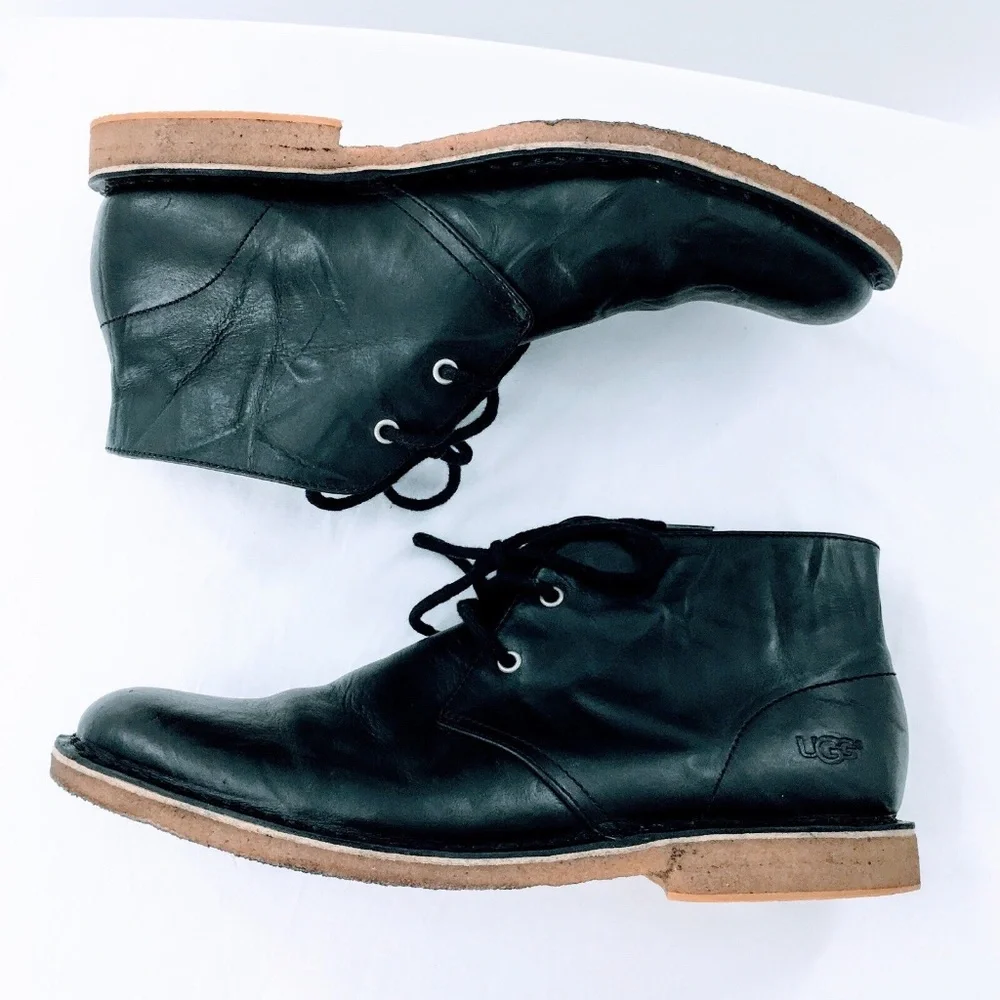 UGG Mens Chukka Boot Black Crinkled Leather Leighton Desert Shoe Crepe Sole 10.5 - Picture 5 of 13